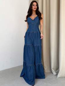 Firerie Mono vaquero con tirantes finos y espalda descubierta para mujer, disfraz de verano para carnaval, viajes, graduación, estilo Y2K, fiesta, boda, elegante, casual, playa, graduación. Vestido de tirantes de mezclilla para mujer con cuello en V profundo, ajuste ceñido, línea A, plisado, overol de sol, atuendo de verano casual. - Azul - Ver 4