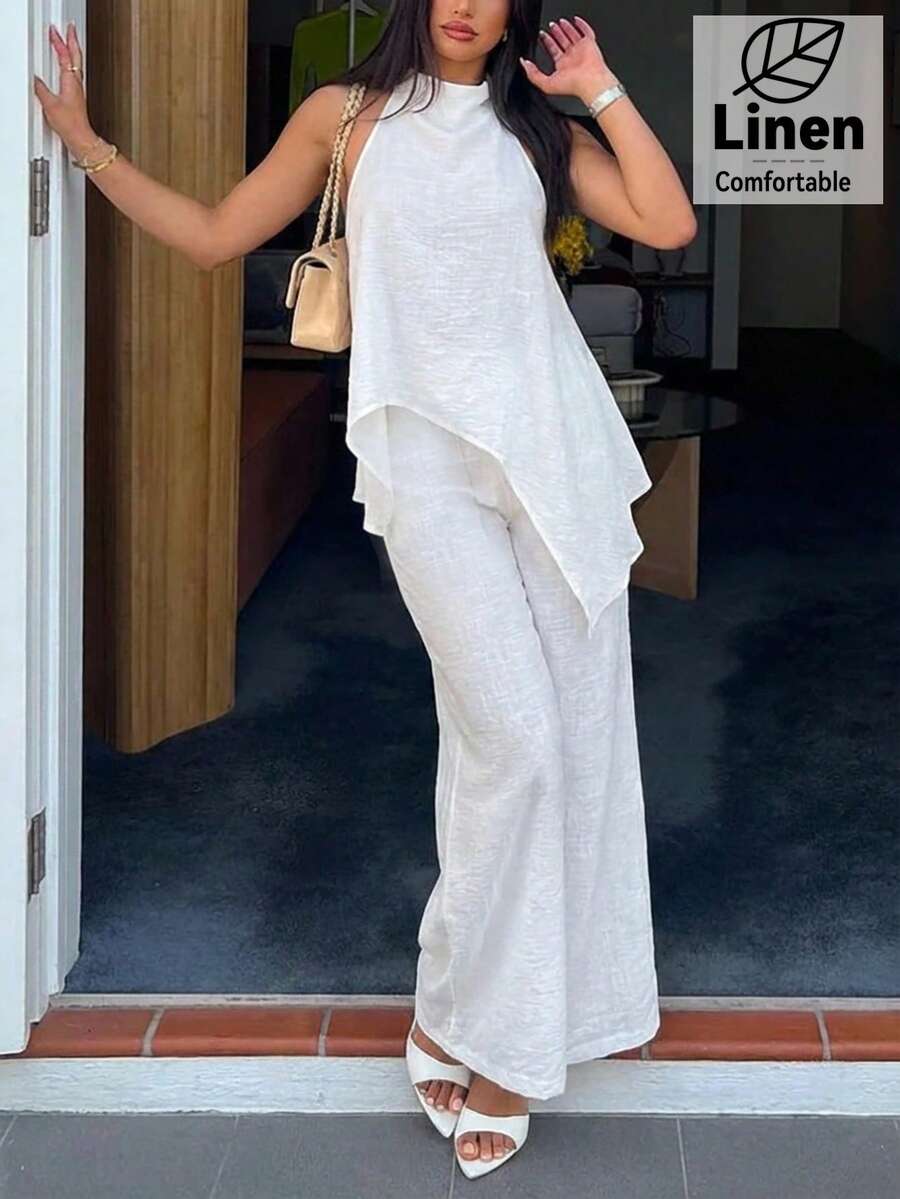 Aloruh Conjunto de top con cuello asimétrico + pantalones de pierna ancha para mujer - Marrón - Ver 1