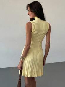 Aloruh Minimalist Elegant Stand Collar Sleeveless A-Line Mini Ribbed Knit Dress For Women - Light Yellow - View 2