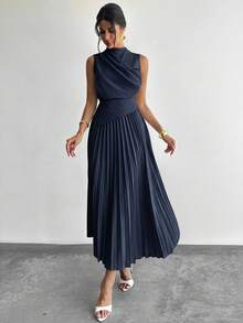 Elegant Women's A-Line Sleeveless Ruffled Dress/Umbrella Dress/Back To School Outfit/School Uniform/Party/Vintage Money Style - 磨砂黑 - 查看 8