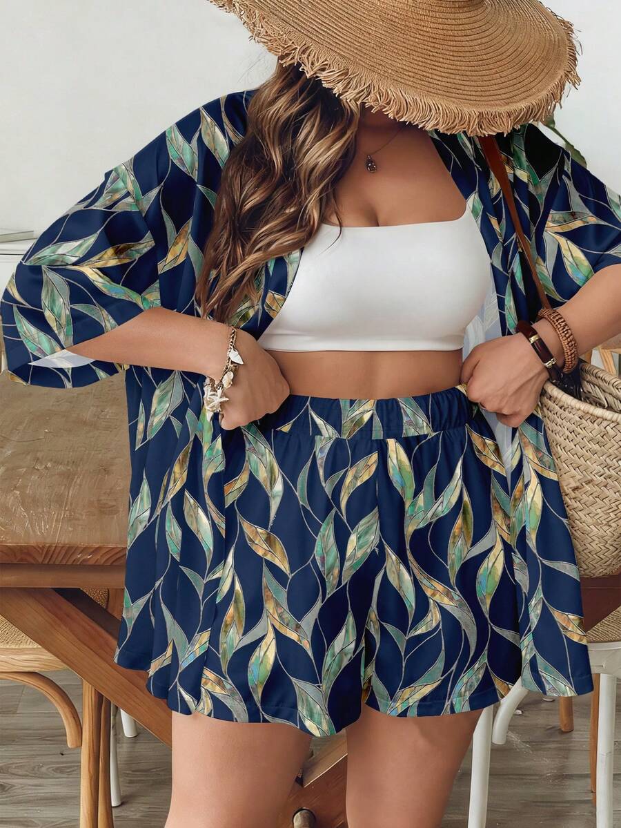SHEIN VCAY Conjunto informal minimalista de 2 piezas con estampado de hojas retro, adecuado para el verano - Multicolor - Ver 1