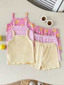 SHEIN Playful Pals Baby Girls' Comfortable Versatile Sweet Cute Strap Shorts Set, Multi-Piece Summer Outfit - Multicolor - View 2