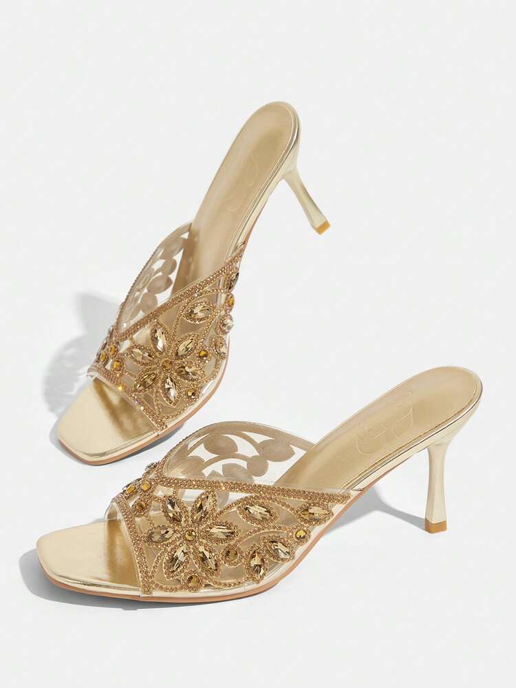 CUCCOO TILAWA Ladies Fashion Square Toe Transparent TPU Rhinestones Sexy Evening Party Party Style Simple Backspace Stiletto High Heel Sandals