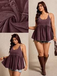 Elaquor Plus Size Casual Solid Color Ruffle Hem Camisole - Rusty Rose - View 1