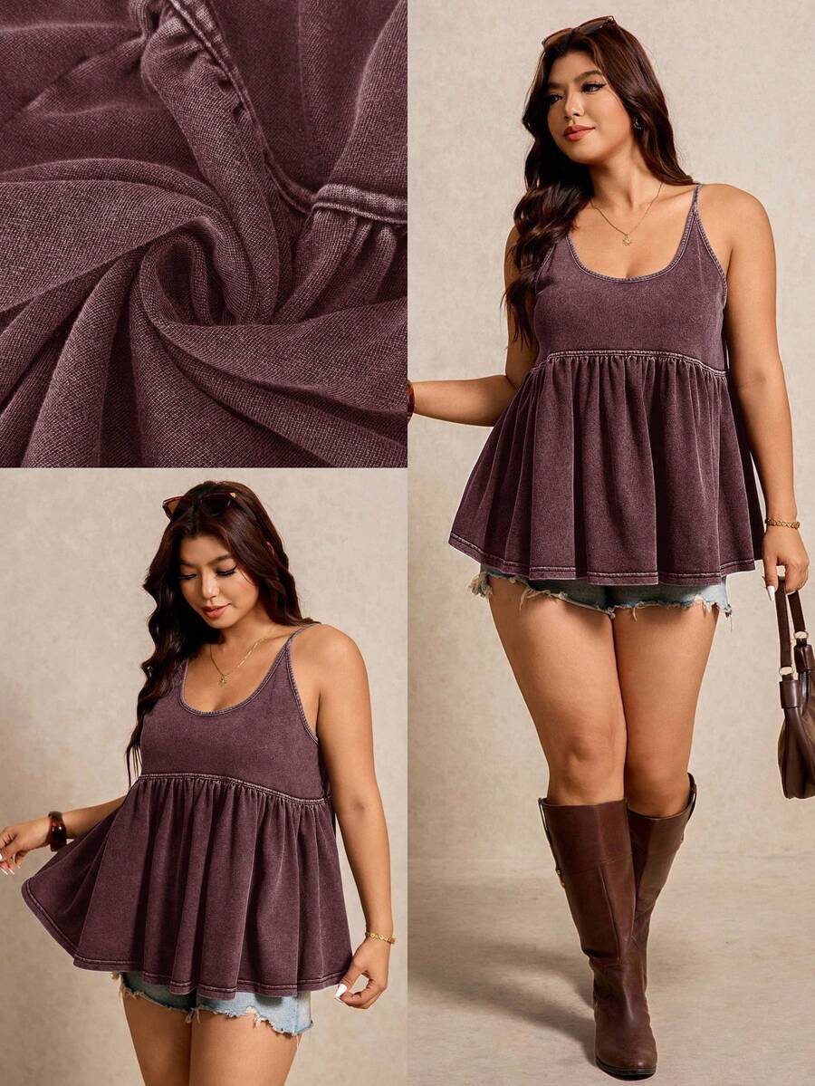 Elaquor Plus Size Casual Solid Color Ruffle Hem Camisole - Rusty Rose - View 1