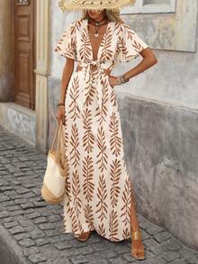 SHEIN PETITE CURVE Plus Size Women's Beige Sequin Summer Boho Flowy Vacation Holiday Dress Elegant Hollow Out Printed Long Casual Greek Italian Outfit Beach - Multicolor - View 5