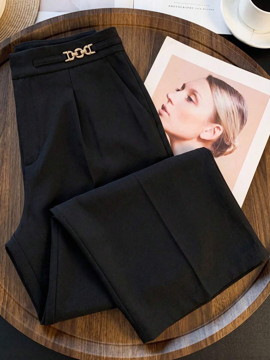 Modelyn Pantalones de pierna ancha de unicolor versátiles y de moda para tallas grandes - Negro - Ver 1