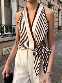 Pariaura 2026夏季新款都市时尚风，黑色杏色几何图案无袖上衣，飘逸缎面面料，系带V领设计吊带衫，通勤休闲两相宜，尽显高端质感，舒适面料，法式优雅通勤度假吊带衫，弹性下摆，蝴蝶结前襟，女士夏季新款吊带衫，优雅吊带衫上衣 - 巧克力棕 - 查看 3