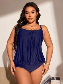 Swim Lushoire Plus Size Women 2pcs Black Camisole Tummy Control Tankini Swimwear Set - Navy Blue - View 5
