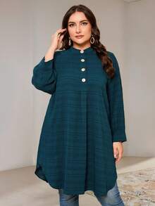 Veilorie Plus Size Striped Texture Loose Long Shirt Fall - Green - View 5