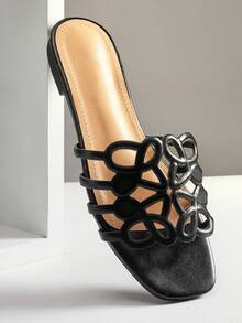 SHUZIA Women's Elegant Floral Cut-Out Slip-On Flat Sandals Summer Shoes - Black - View 4