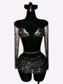 SHEIN DivaQ Bộ đồ 3 món gợi cảm dành cho nữ dự tiệc hộp đêm, gồm áo crop top xuyên thấu đính đá, áo ngực tam giác và chân váy ngắn. - màu đen - Xem 1