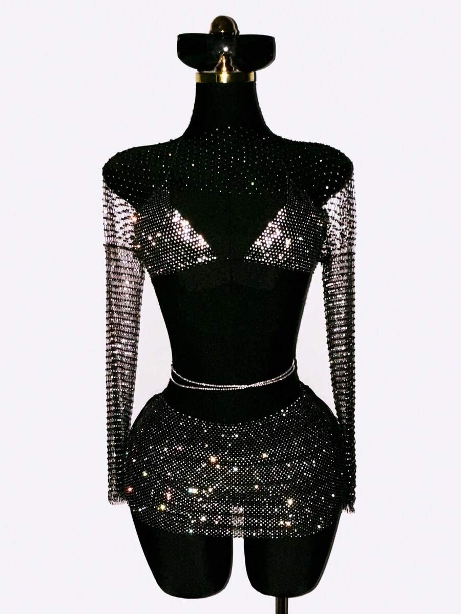 SHEIN DivaQ Bộ đồ 3 món gợi cảm dành cho nữ dự tiệc hộp đêm, gồm áo crop top xuyên thấu đính đá, áo ngực tam giác và chân váy ngắn. - màu đen - Xem 1