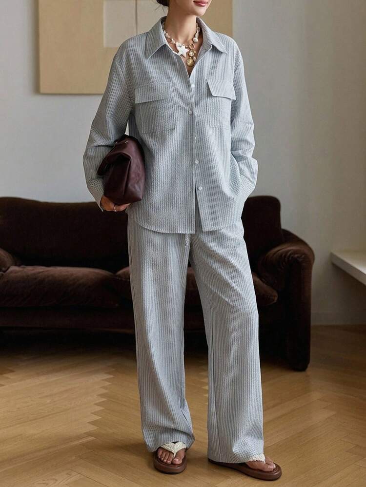 Women's Striped Lapel Single-Breasted Long Sleeve Top And Wide-Leg Pants Casual Suit Sundress