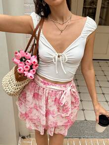 Cévolie 女士百褶印花休闲百搭约会外出迷你裙 - 粉色 - 查看 1