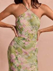 Enchnt Women's Summer Elegant Green Floral Print Chiffon Open Shoulder Halter Long Dress,Vintage Prom Dress,Wedding Guest,Luxury Evening Party Dress - Green - View 3