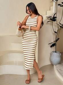 SHEIN PETITE Đầm midi dáng ôm xẻ tà, kẻ sọc đen trắng, thích hợp mặc đi nghỉ hè/công sở. - Màu be - Xem 4