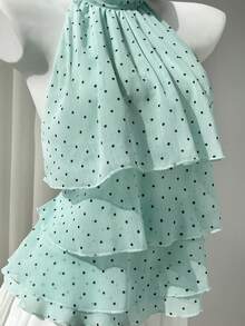 Elamini Women's Polka Dot Pattern Ruffle Trim Halter Neck Top - Green - View 5