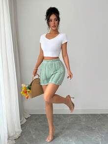 Elenzga Women's Summer Vacation Beach Casual Textured Fabric Shorts - Green - View 7