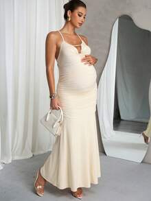 MaterniChic Maternity Dress Summer Pregnant With A Highly Elastic Skirt, Comfortable And Elegant Solid Color Spaghetti Strap Fitted Ruched - Apricot - View 8