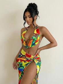 Swim SXY Falda de cintura alta con nudo retorcido con estampado de frutas tropicales y leopardo, falda ajustado con abertura, elegante para vacaciones, nuevo conjunto de alta gama para primavera/verano - Multicolor - Ver 6
