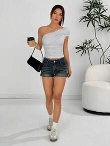 SHEIN EZwear 女士灰色休闲不对称领衬衫上衣，夏季 - 灰色 - 查看 4