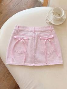 SHEIN EZwear 女士休闲百搭牛仔迷你裙，后袋饰有蝴蝶结 - 粉色 - 查看 7