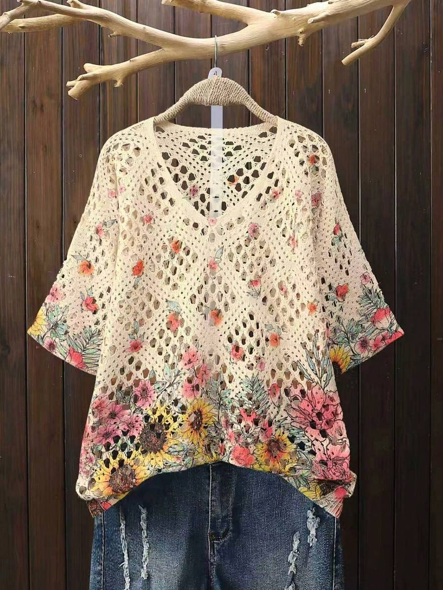 EMERY ROSE Trang phục thường ngày mùa xuân/hè dành cho nữ cỡ lớn: Đơn giản, đa năng và phong cách cổ điển. Với họa tiết hoa hướng dương ngẫu nhiên, chi tiết móc lưới và cổ chữ V, chiếc áo dệt kim rộng rãi cỡ lớn này rất phù hợp cho mùa xuân và mùa hè. - Nhiều màu - Xem 1
