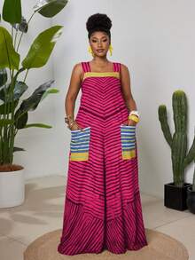 Maweii Mono de talla grande para mujer con estampado de rayas y bolsillo de color contrastante - Rosa - Ver 5