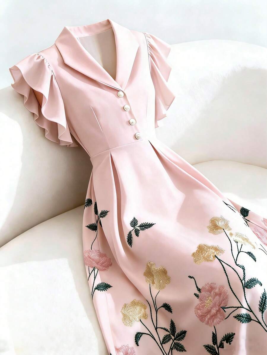 GlowEve 女士杏色印花翻领珍珠纽扣腰部A字喇叭袖连衣裙,魅力优雅甜美可爱,适合日常度假通勤,时尚约会法式街头复古百搭春夏新款杏色喇叭袖中长连衣裙 - 淺粉色 - 查看 1