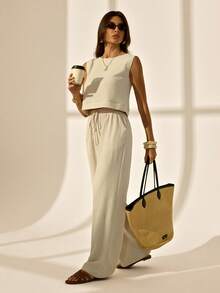SHEIN Tall Women's 2pcs Linen Set,Sleeveless Crew Neck Back Button Top And Pants,French Summer Chic,Elegant Casual Off-White Holiday Vacation,Resort Outfits - Apricot - View 3