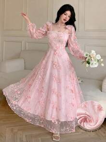 Modelyn Women's French Style Sweet & Ethereal Pink Mesh Tie-Up Dress,Pink Floral,Summer,Elegant,Tea Party Luxury Lace Rococo Vintage Gown - Pink - View 5