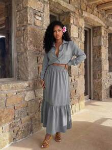 BamGleam Women's Gray Autumn Casual Elegant Vacation Holiday Two Pieces Set,High-Waisted Short-Sleeved Umbrella Skirt,Wide-Skirted Cotton And Linen Texture - Grey - View 5