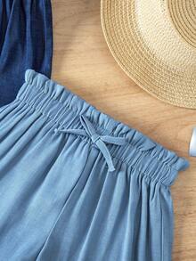 SHEIN 2pcs/Set Girls Casual Solid Color Bow Decor Shorts,Summer Young 2-Piece Set Light And Dark Blue Elastic Waist Ruffled Waistband For - Multicolor - View 5