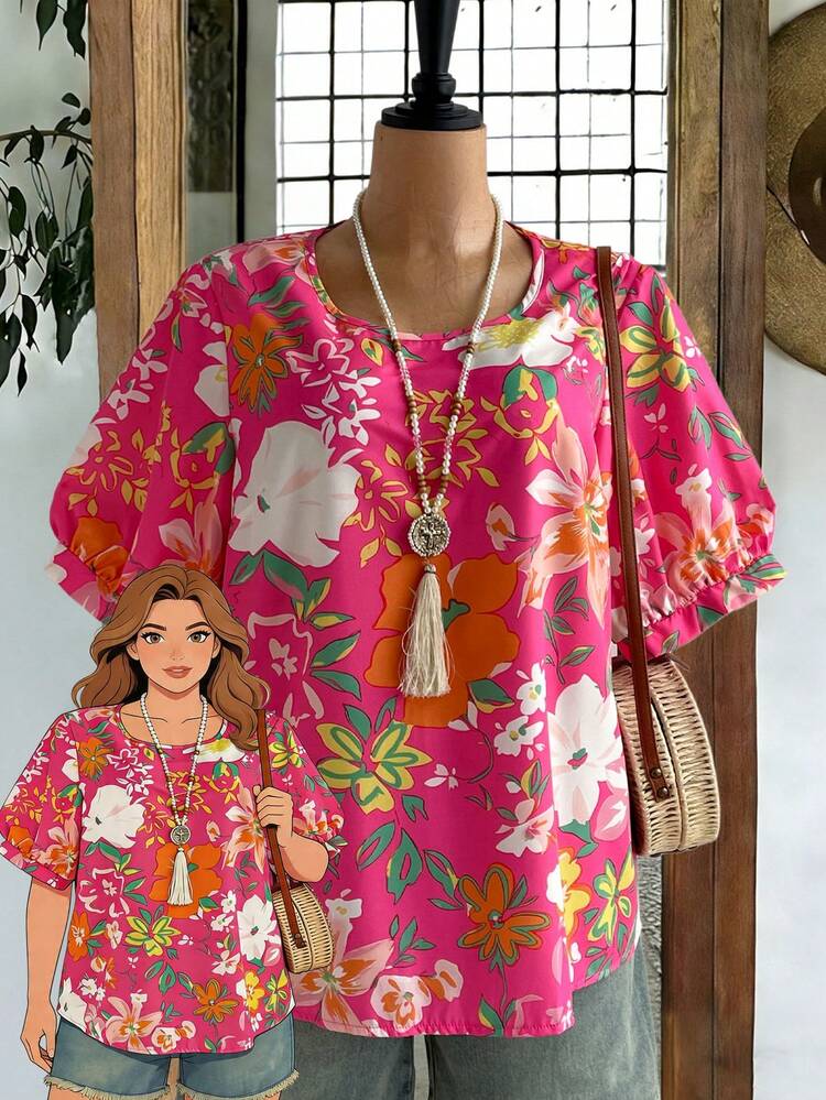 Plus Size Women Floral Print Short Petal Sleeve Casual Shirt Summer Tops Summer Outfits Spring Clothing Spring Outfit Festival Outfits For Women Vacation Outfits Women Holiday Outfits For Women Summer Holiday Outfits Country Style For Women Blouses For Women Floral Print Blouse Short Sleeve Top