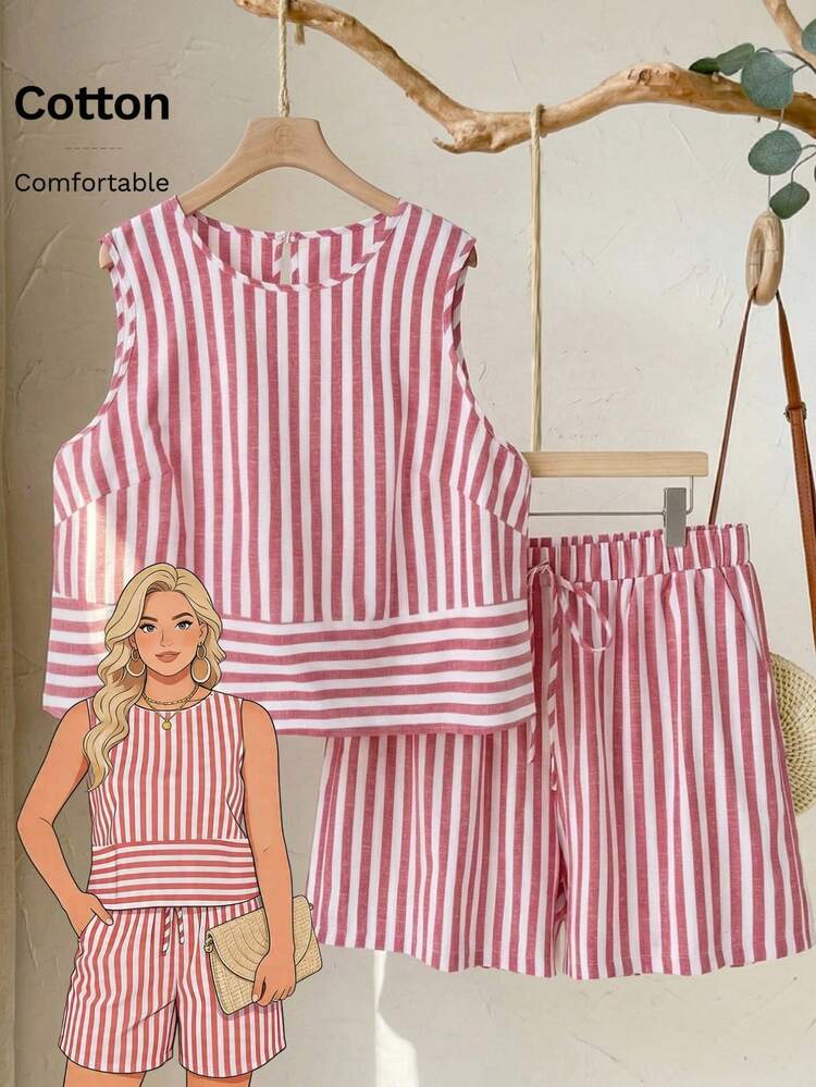 Plus Size Women Striped Round Neck Tank Top And Shorts Casual 2 Pieces Set Summer Summer Outfits Spring Clothing Spring Outfit Festival Outfits For Women Beach Outfit For Women Vacation Outfits Women Holiday Outfits For Women Summer Holiday Outfits Country Concert Outfit Women's Country Clothing Casual Sets For Women 2 Piece Set Summer Striped Set Terno Pants And Blouse