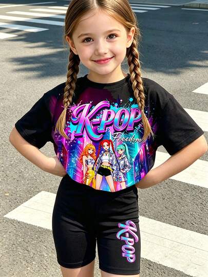 2件套，适合4-7岁女孩，偶像风/赛博可爱自由印花圆领短袖T恤+短裤，轻薄透气，个性吸睛T恤套装，适合日常穿着、上学、儿童节、春夏秋季穿着。