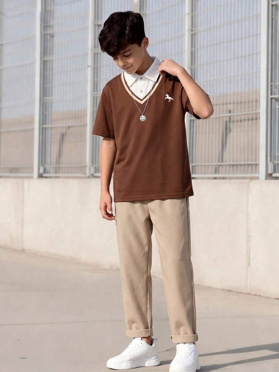 SHEIN Streecool Kids 2件套绅士风二合一Polo衫和休闲长裤,适合青少年男孩 - 棕色 - 查看 1