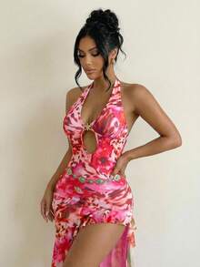 Swim SXY Floral Print Ruffle Hem Sleeveless Women Dress, Spring/Summer - Pink - View 8