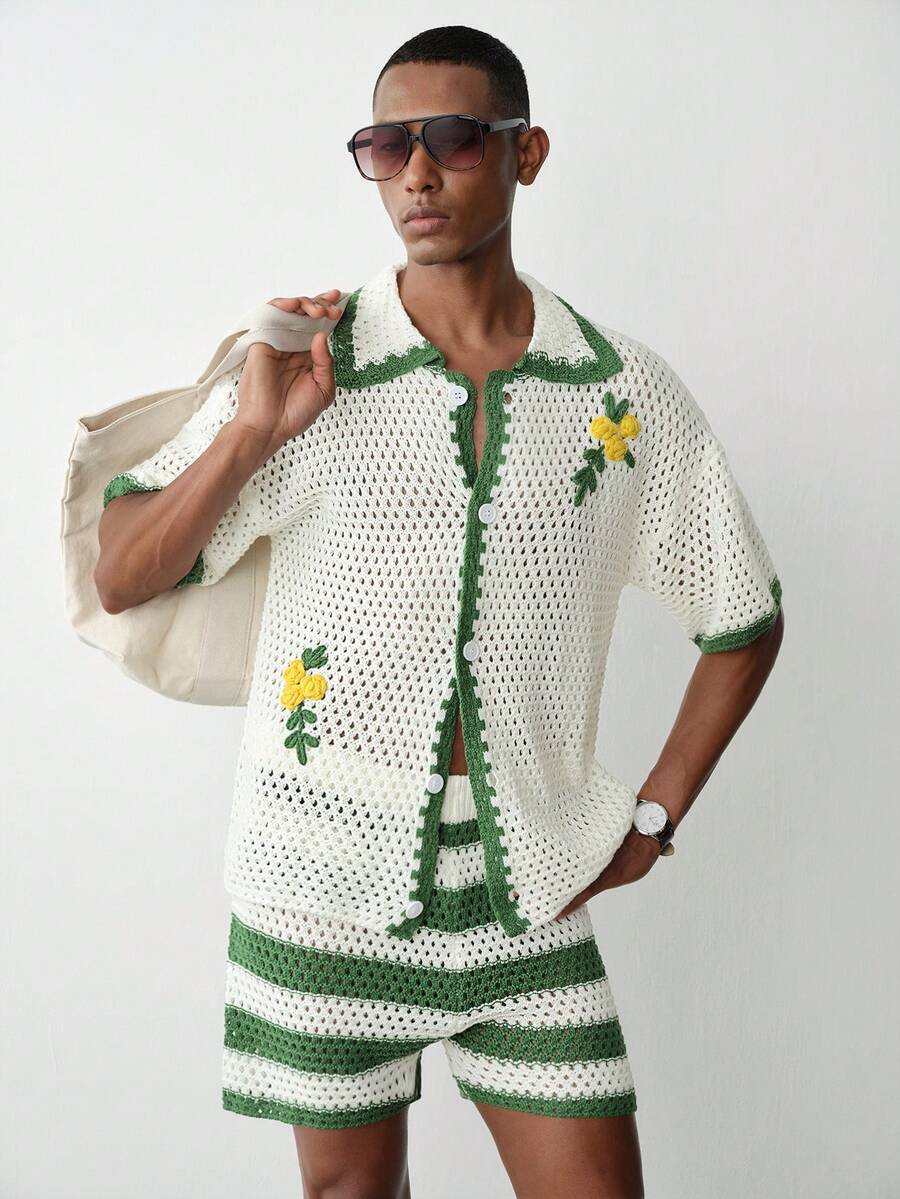 MENRIVO Men's Knit Set: Short Sleeve Top And Shorts, Fashionable For Summer Summer Two Pieces Set For Men, Fall Clothes - Multicolor - View 1