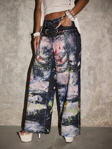 女士宽松泼墨印花口袋阔腿休闲裤 - 彩色 - 查看 1
