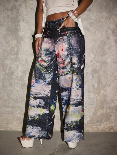 Modviera 女士宽松泼墨印花口袋阔腿休闲裤