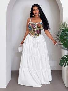 Slaydiva Bộ đồ mùa xuân/hè mới: Áo croptop không tay và chân váy chữ A xếp tầng màu trắng bằng vải jacquard họa tiết hoa, thích hợp cho kỳ nghỉ/phong cách boho/lãng mạn/bãi biển/du mục/lễ hội âm nhạc, cỡ lớn. - Nhiều màu - Xem 7