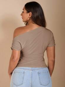 SHEIN BAE Plus Size Women's Off Shoulder Short Sleeve Black T-Shirt - Camel - View 2