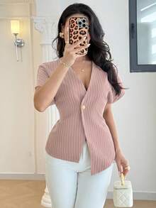 Feyla Women's Fashion Versatile Striped Button Asymmetrical Hem Short Sleeve Blouse - Pink - View 6