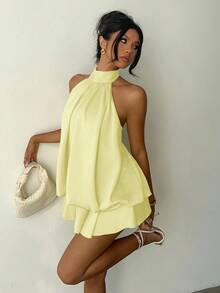Tween Girl Solid Color Fashionable Halter Jumpsuit - Yellow - View 1