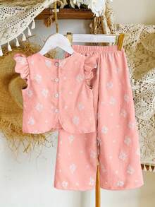 Elladie kids 女童（小号）春夏休闲简约韩版两件套。编织花卉印花纹理面料。白色无袖圆领上衣，后背纽扣门襟设计，搭配同色系休闲裤。适合年轻女孩，韩版简约风格，可爱淑女，适合日常、上学、外出、度假等休闲场合穿着。春夏款 - 粉色 - 查看 3