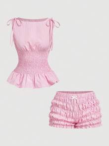 SHEIN MOD 女士夏季休闲度假甜美条纹印花系带露肩短款上衣和短裤两件套 - 粉色 - 查看 3
