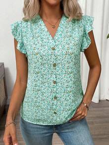 SHEIN Clasi Women's Pink Floral Ruffle Trim Short Sleeve Top,Summer Top - Mint Green - View 7