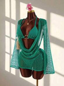 Amplova 3pcs Women's Sexy Halter Bikini Set - Top, Bottom, And Cover-Up Summer Beach Vacation Bathing Suit - Green - View 3